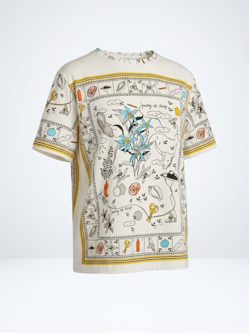 Tory Burch Poetry of Things Crewneck Tee, Botanical& Illustrated Motif, XL, GUC